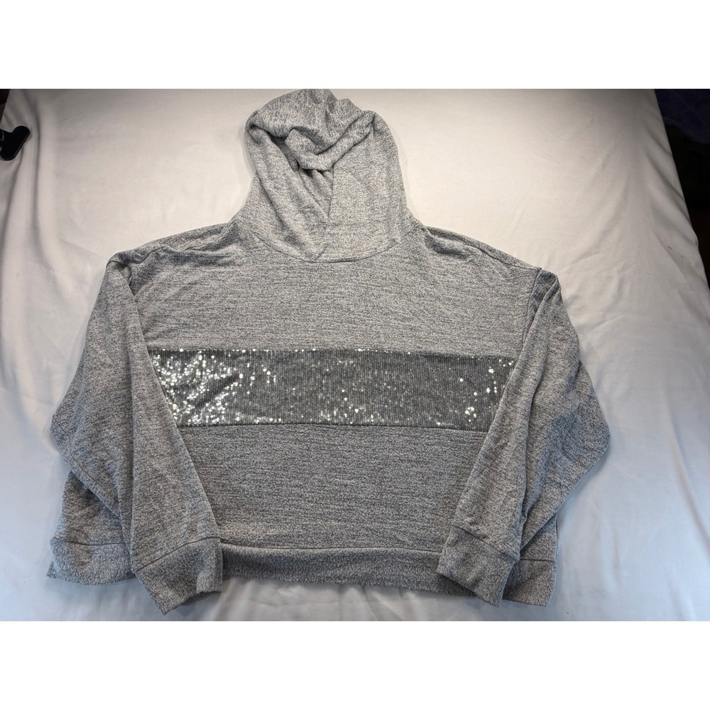 Women Heather Gray Sequin Panel Cropped Hoodie Soft Knit Pullover Sweatshirt